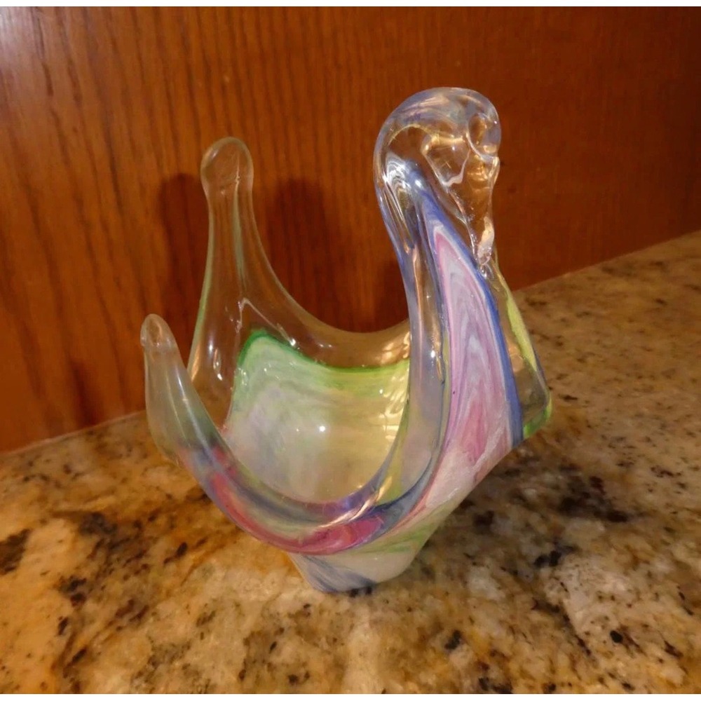 Vintage Murano Glass Swan Trinket Dish Blue Green Pink Swirl Art Glass Bowl